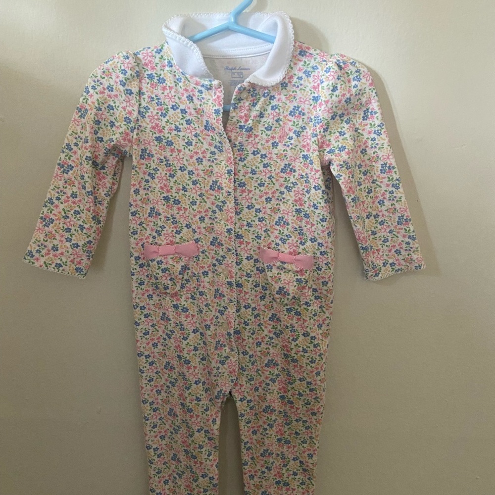 Ralph Lauren Floral Baby Footie 9 Months Pink and White Sleeping Play Outfit